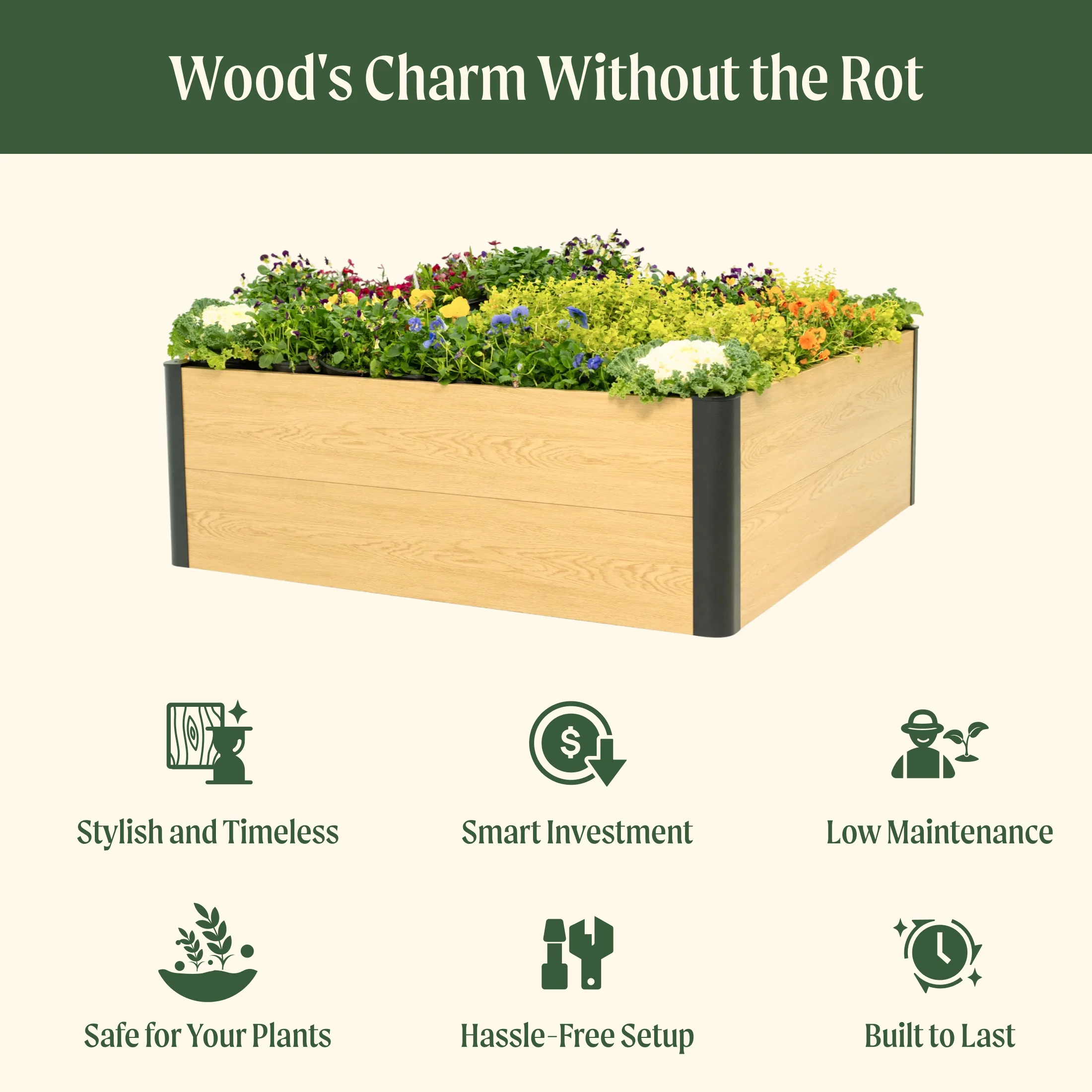16" Tall Woodgrain 4' x 4' Metal Raised Garden Bed - Image 2
