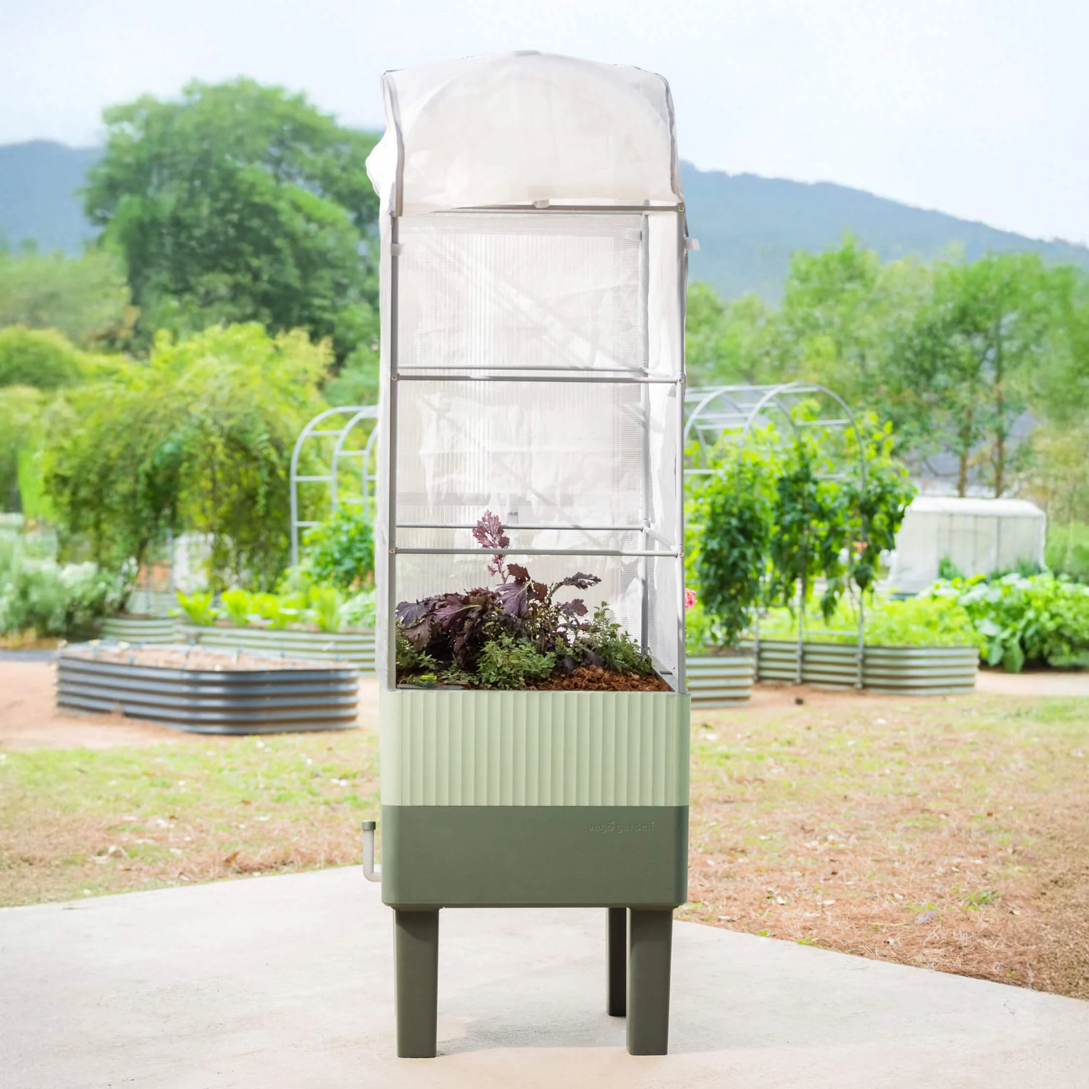 EZCube Self-Watering Planter 21" x 24" Elevated - Sage Green + Cage & Cover Bundle - Image 3
