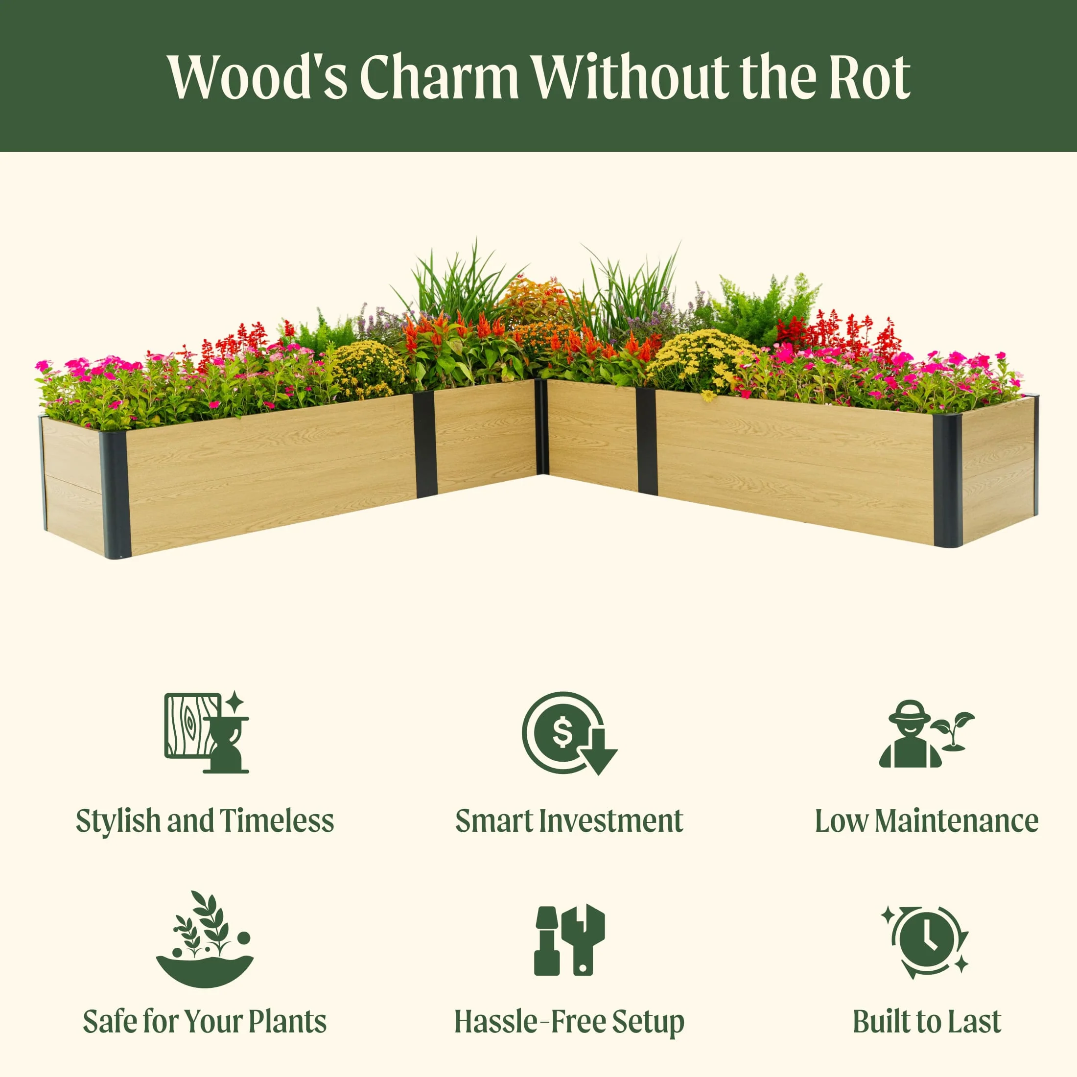 16" Tall Woodgrain 8' x 8' L-Shaped Metal Raised Garden Bed - Image 2